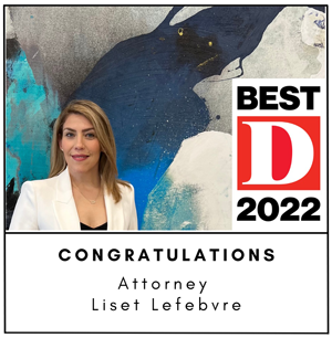 Photo of attorney Liset Lefebvre Martinez and the text Best D 2022, Congratulations Attorney Lefebvre