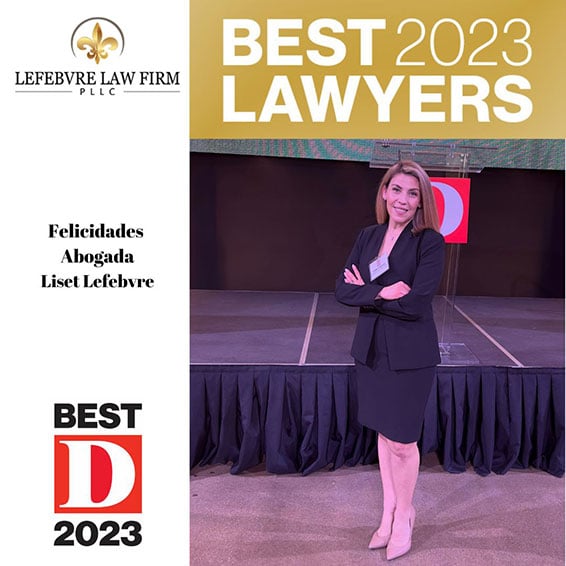 Photo of attorney Liset Lefebvre Martinez and the text Best D 2023, Felieidades Abogada Liset Lefebvre